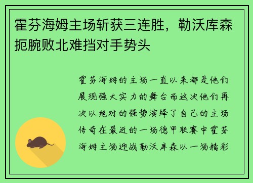 霍芬海姆主场斩获三连胜，勒沃库森扼腕败北难挡对手势头